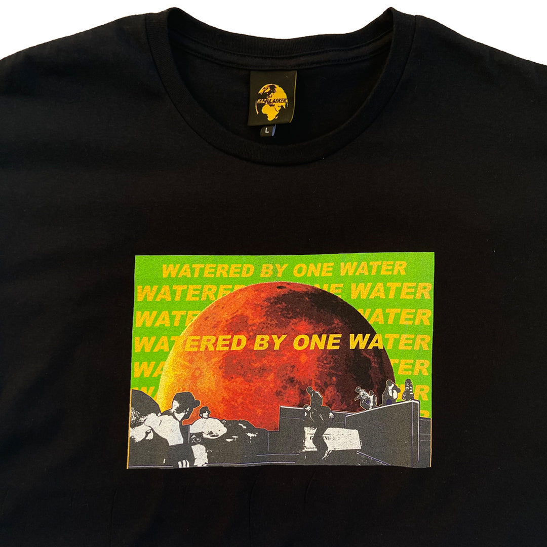 Watered by one Water: Black and Green Print T-Shirt
